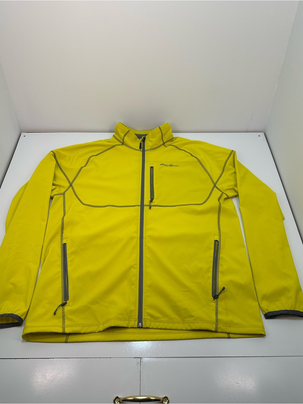 Eddie Bauer Men's Bright Yellow Softshell Jacket with Gray Trim